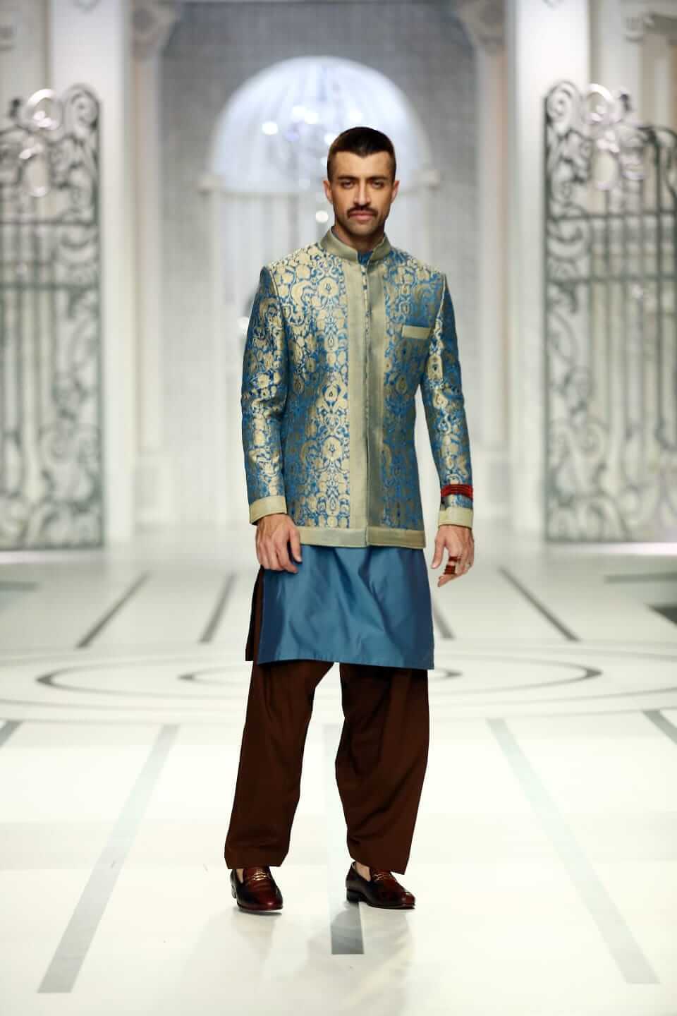 Cerulean Blue Brocade Prince Jacket (3-Piece) - Image 2