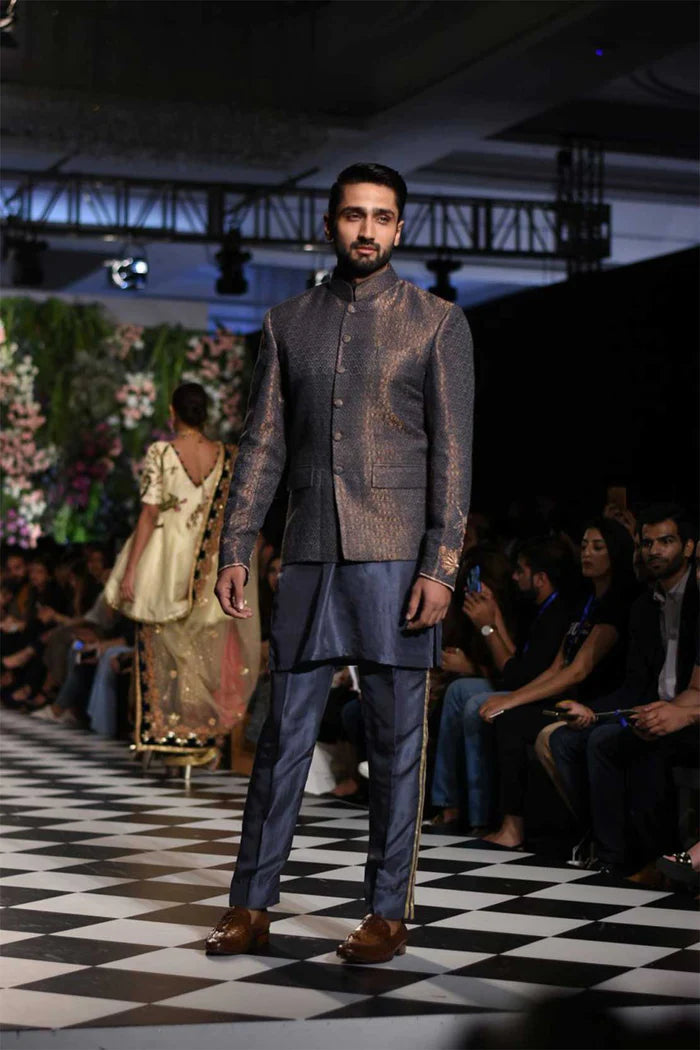 Midnight Blue Brocade Prince Coat (3-Piece) - Image 1