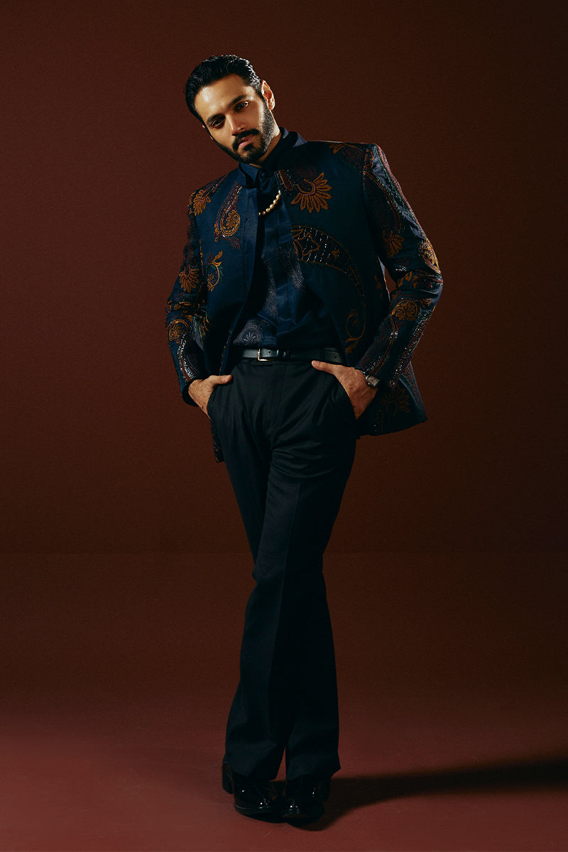 Midnight Blue Embroidered Jacquard Prince Coat (2-Piece) - Image 2