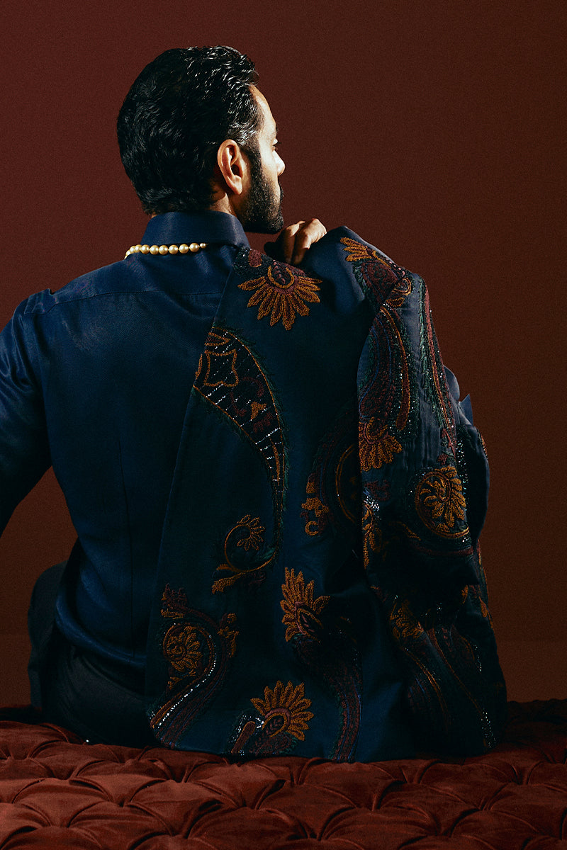 Midnight Blue Embroidered Jacquard Prince Coat (2-Piece) - Image 5