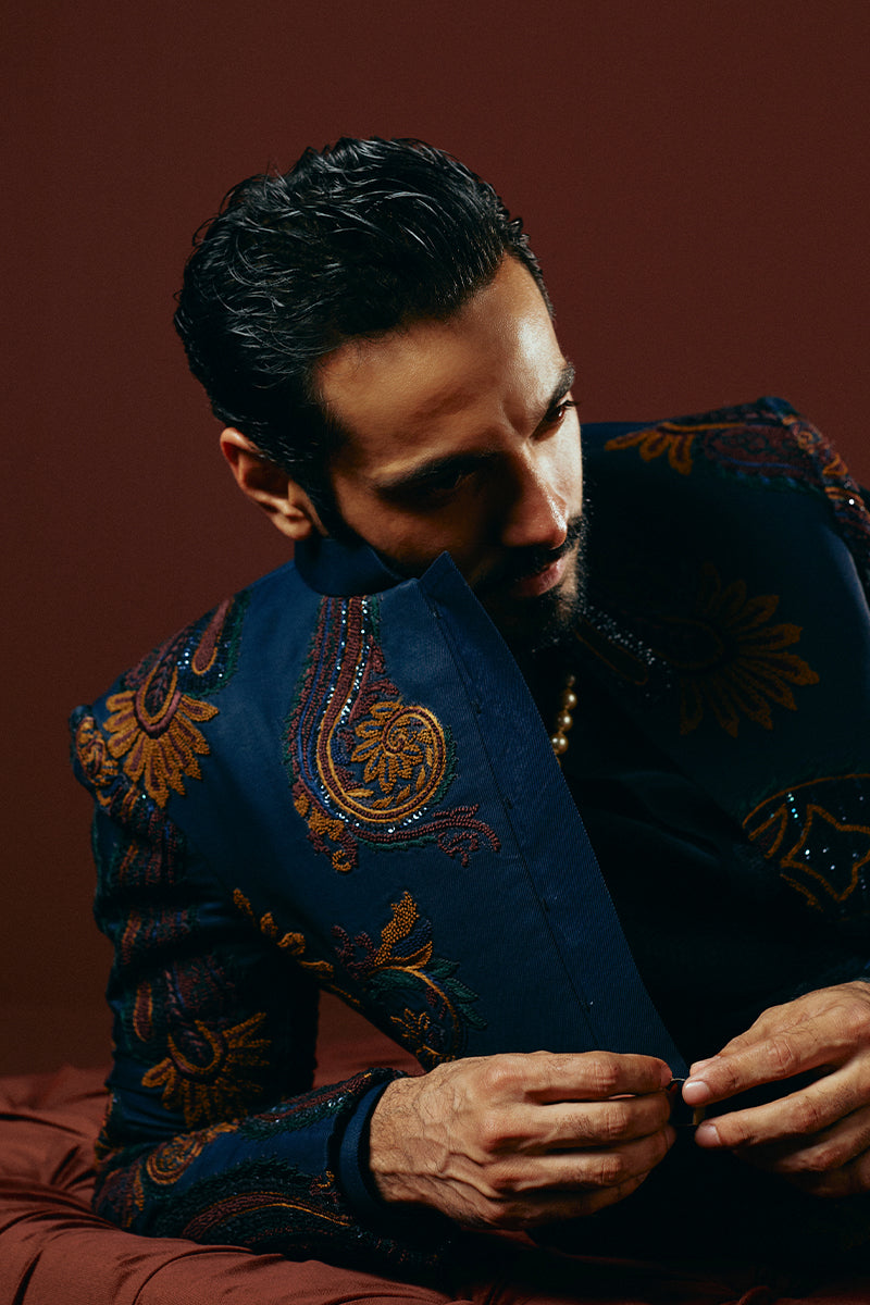 Midnight Blue Embroidered Jacquard Prince Coat (2-Piece) - Image 6