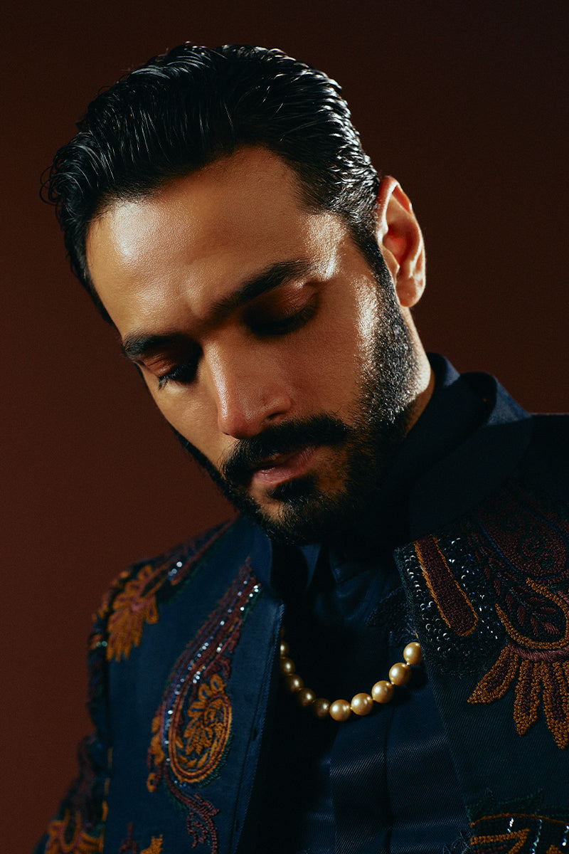 Midnight Blue Embroidered Jacquard Prince Coat (2-Piece) - Image 7