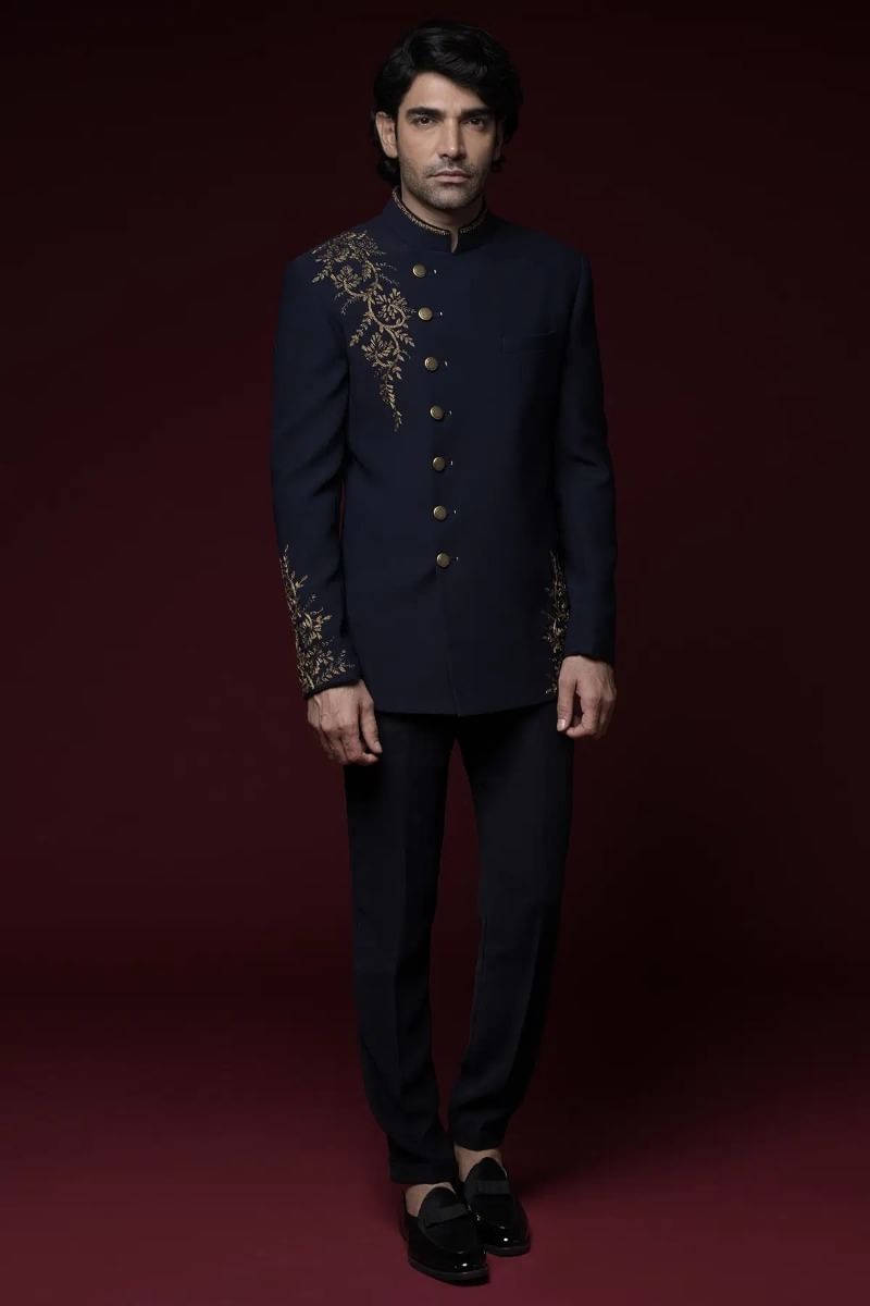 Midnight Blue Cutdana Embroidered Italian Jodhpuri Suit (2-Piece) - Image 1