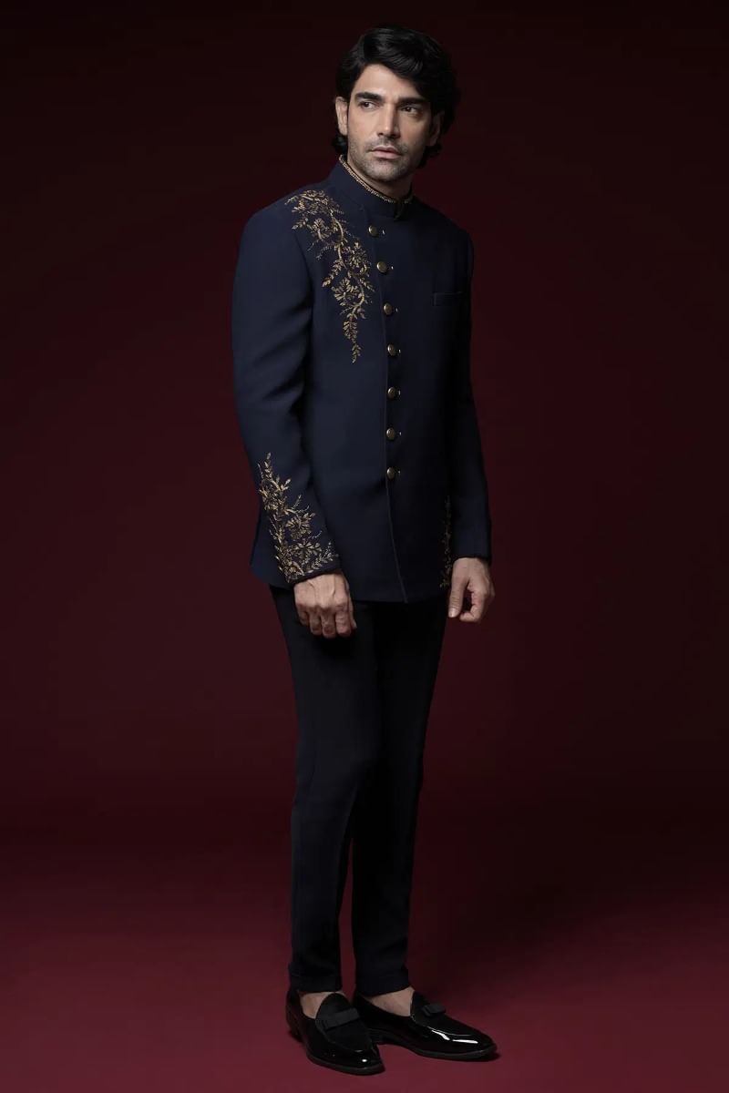 Midnight Blue Cutdana Embroidered Italian Jodhpuri Suit (2-Piece) - Image 3