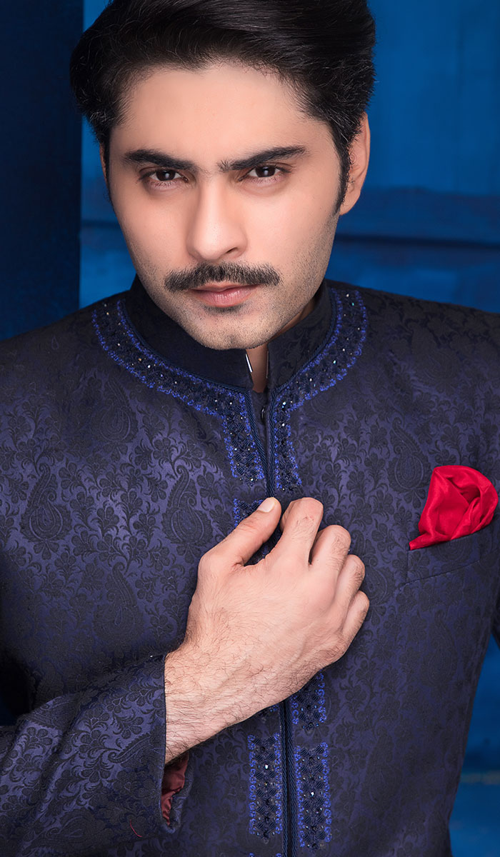 Midnight Blue Beaded Jacquard Prince Coat (1-Pc) - Image 1