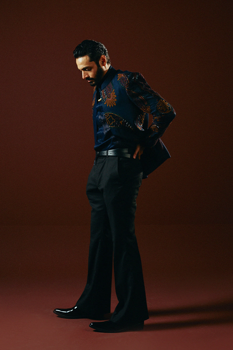 Midnight Blue Embroidered Jacquard Prince Coat (1-Pc) - Image 4