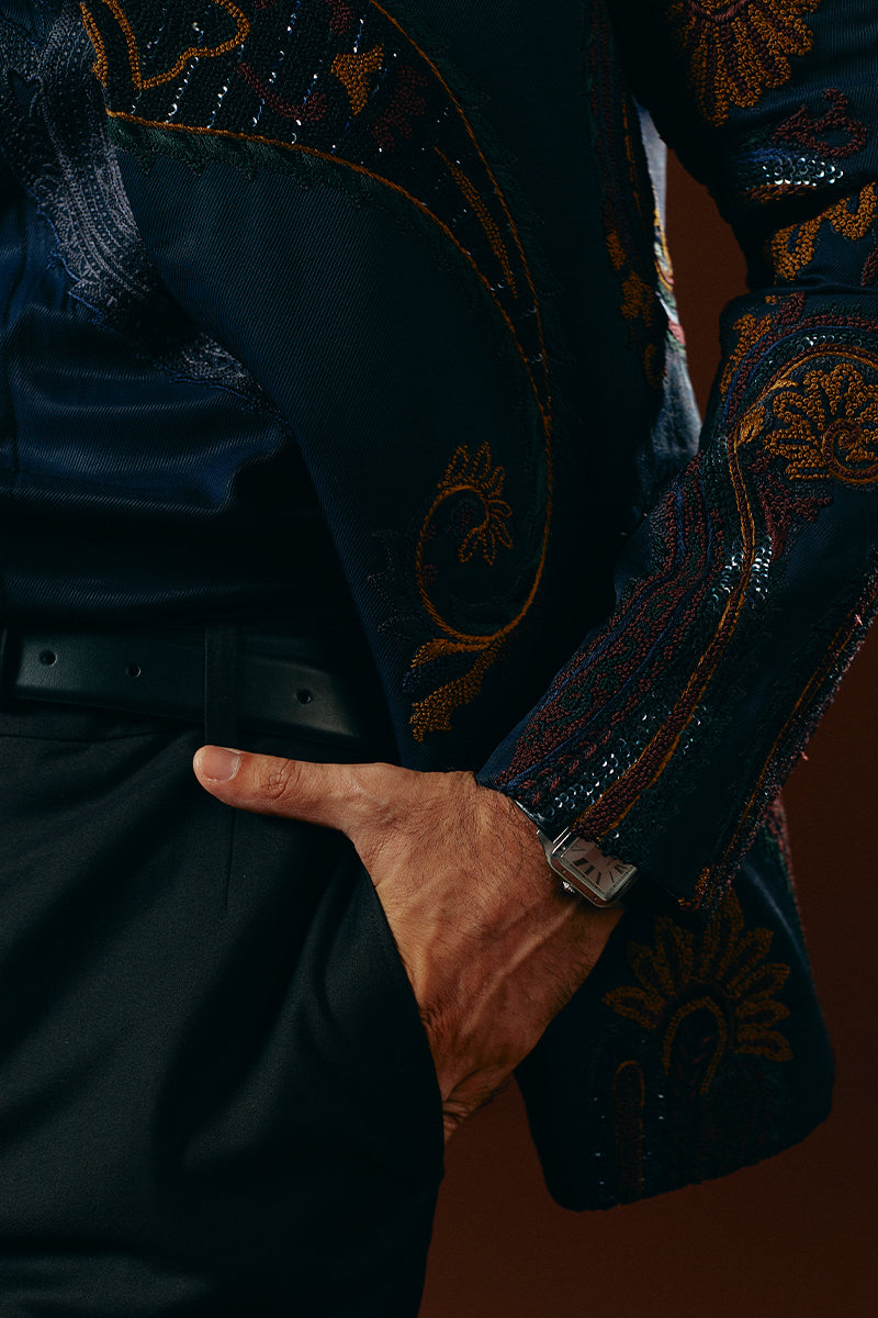 Midnight Blue Embroidered Jacquard Prince Coat (1-Pc) - Image 8