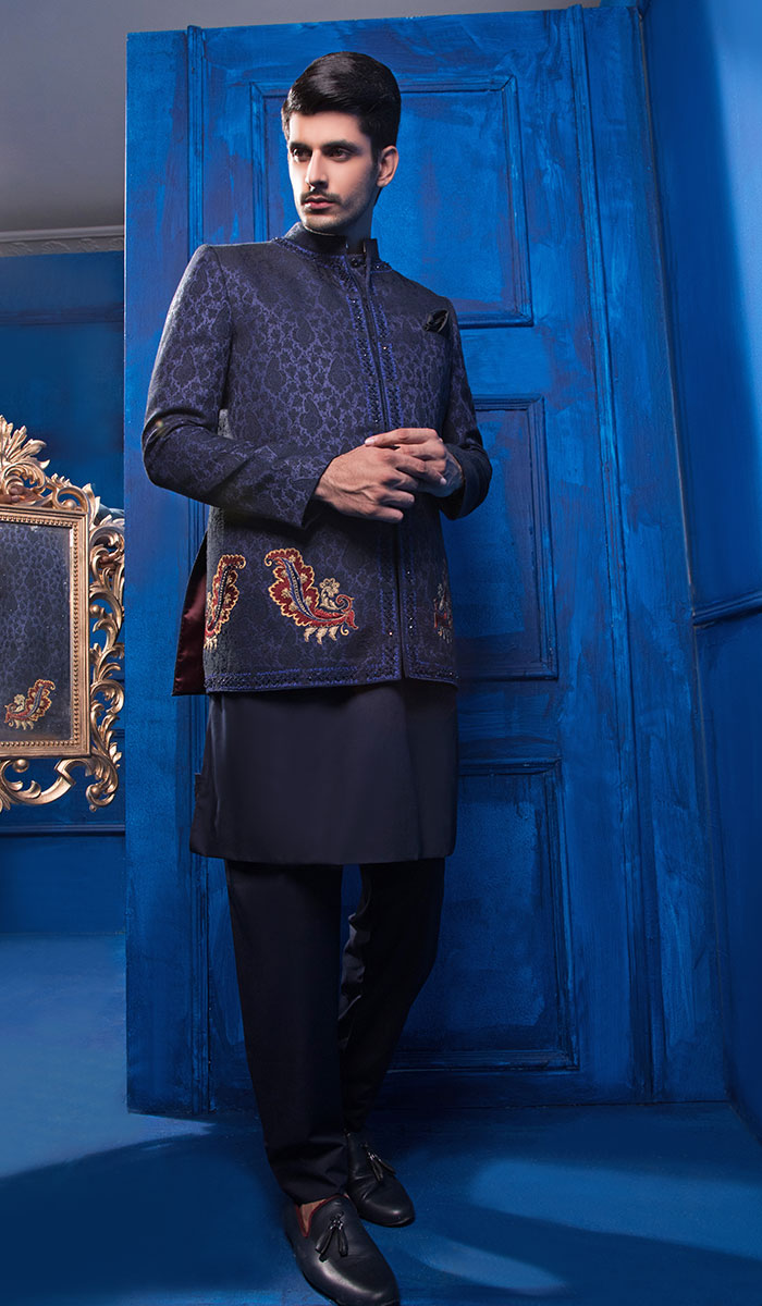 Denim Blue Embroidered Prince Coat (3-Piece) - Image 1