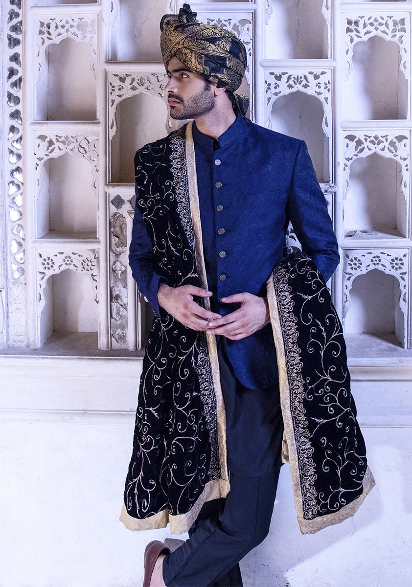 Outer Space Blue Jamawar Prince Coat (3-Piece) - Image 2