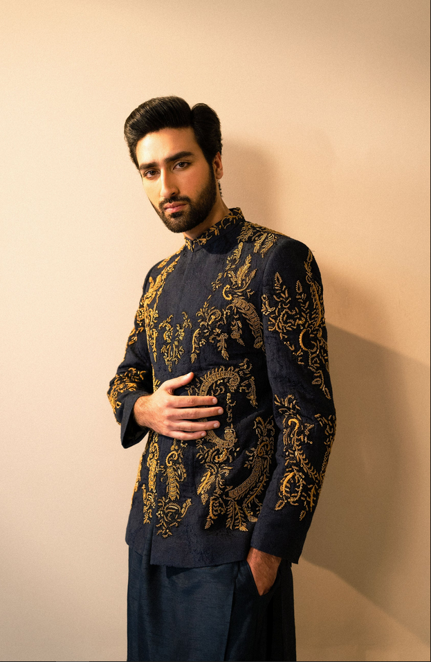 Midnight Blue Embroidered Karandi Prince Coat (3-Piece) - Image 1