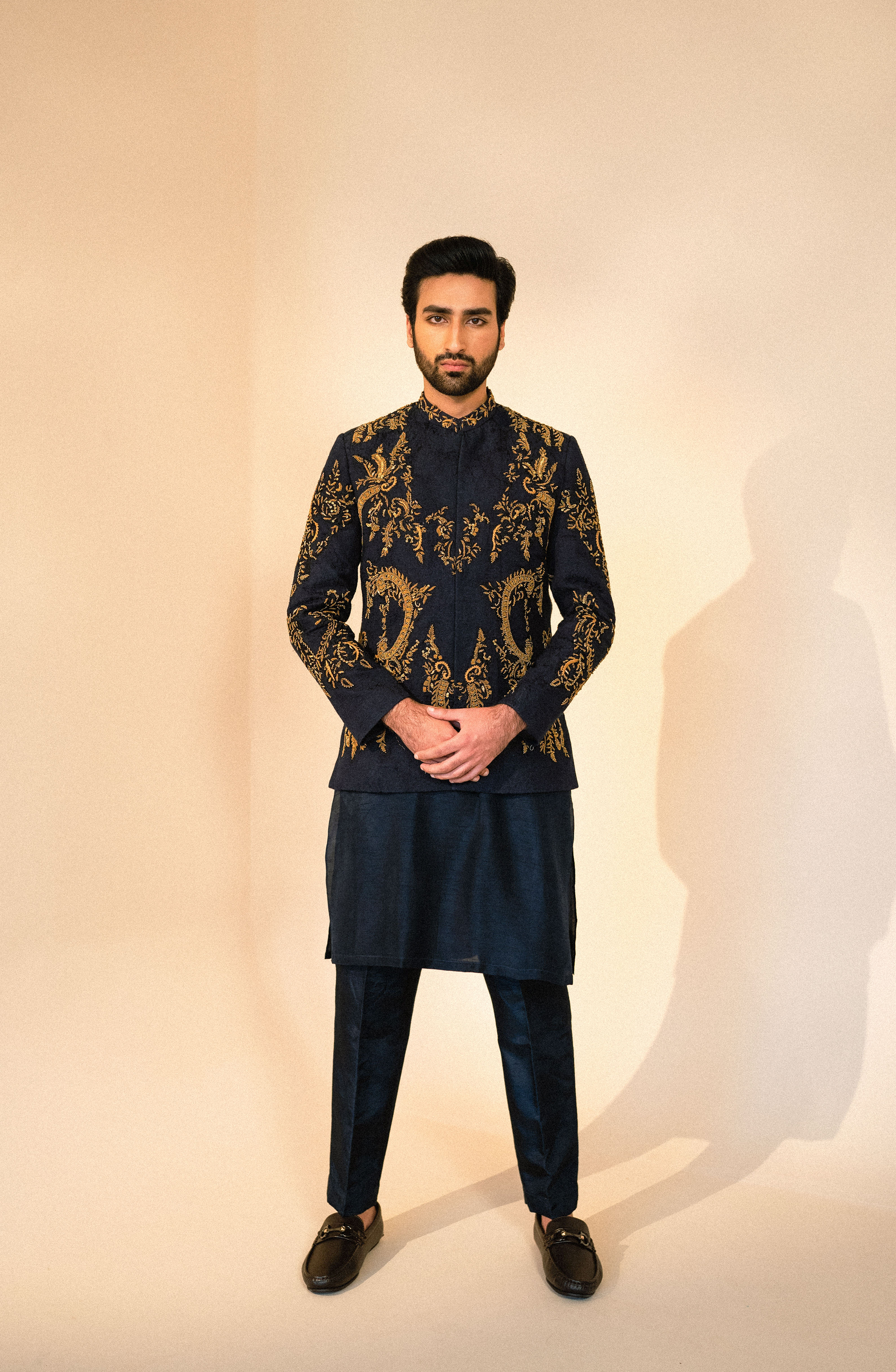 Midnight Blue Embroidered Karandi Prince Coat (3-Piece) - Image 2