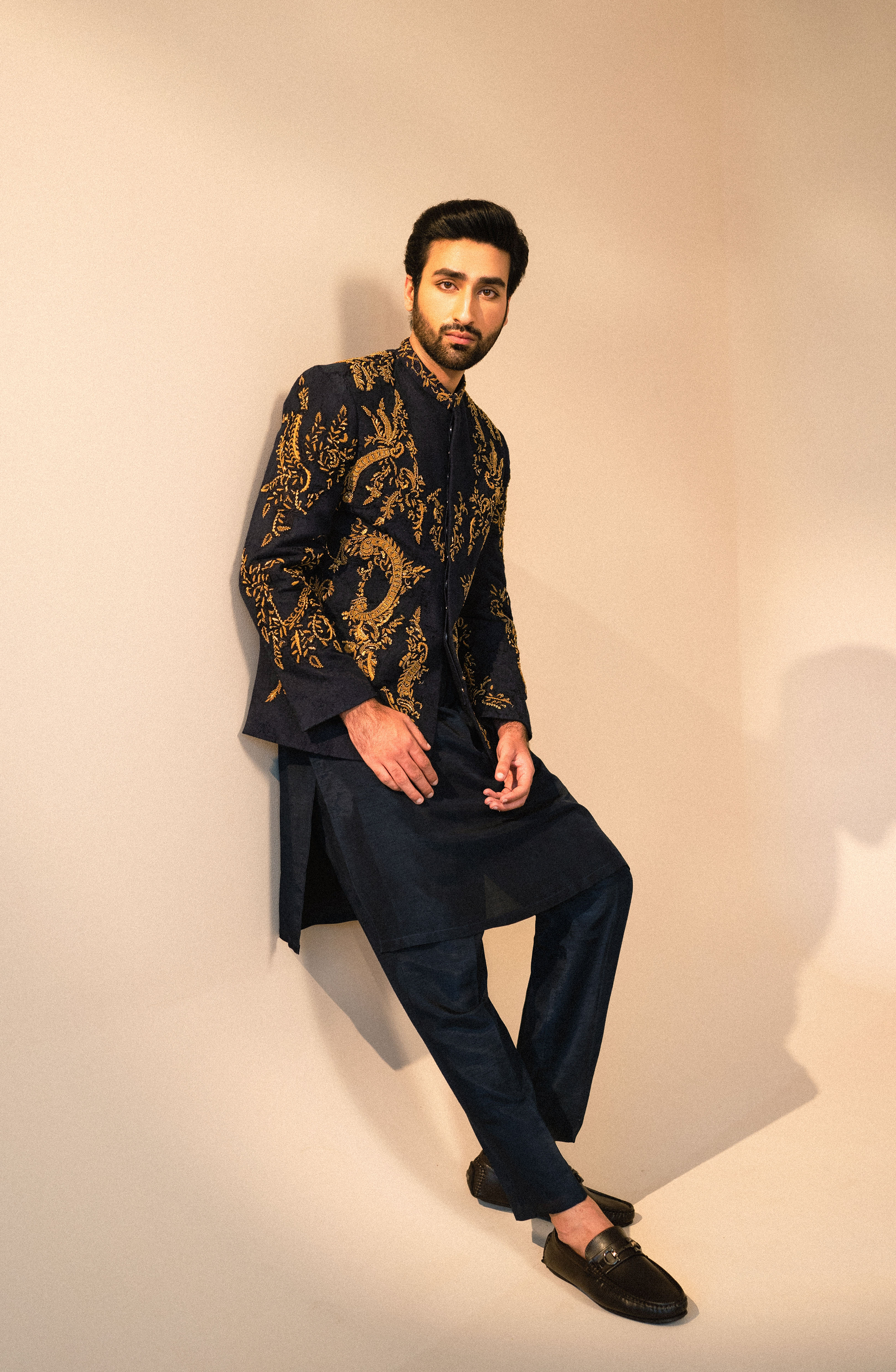 Midnight Blue Embroidered Karandi Prince Coat (3-Piece) - Image 3