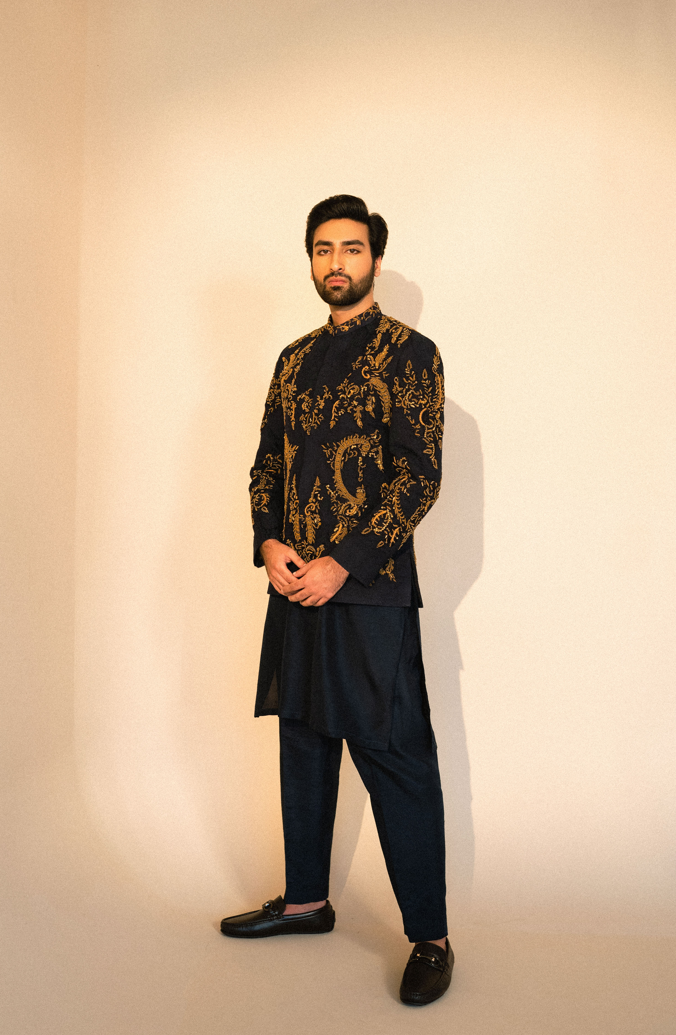 Midnight Blue Embroidered Karandi Prince Coat (3-Piece) - Image 4