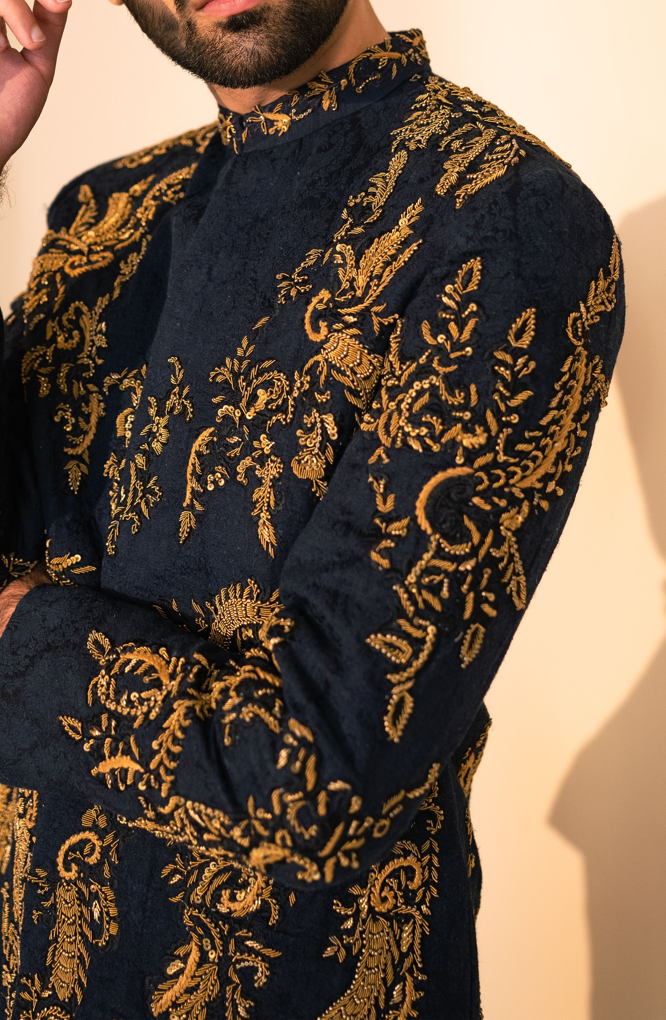 Midnight Blue Embroidered Karandi Prince Coat (3-Piece) - Image 5