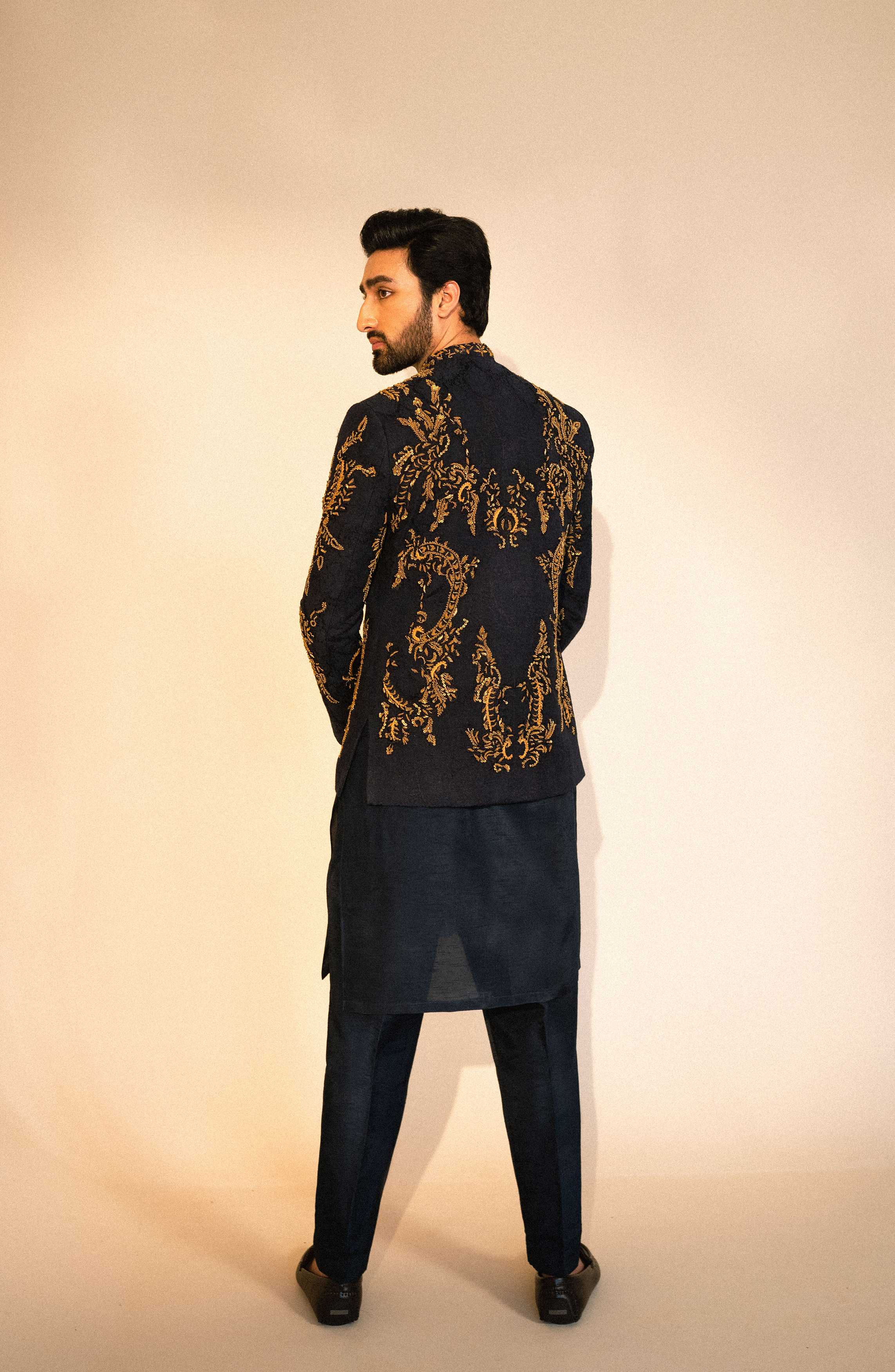 Midnight Blue Embroidered Karandi Prince Coat (3-Piece) - Image 6