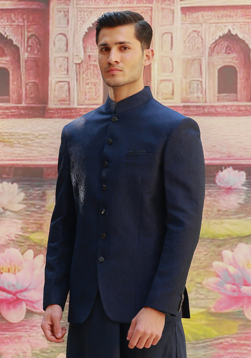 Medieval Blue Woven Karandi Jamawar Prince Coat (3-Piece) - Image 3