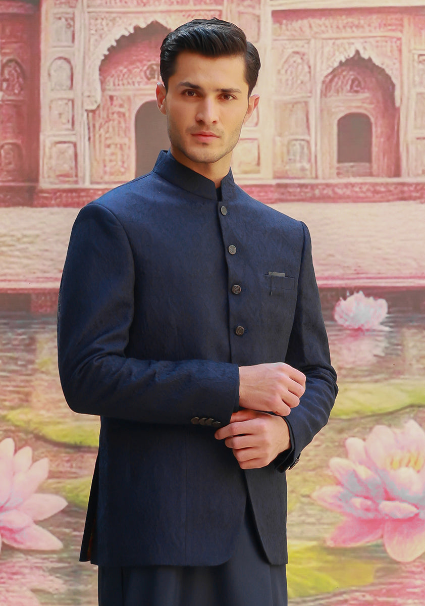 Medieval Blue Woven Karandi Jamawar Prince Coat (3-Piece) - Image 4
