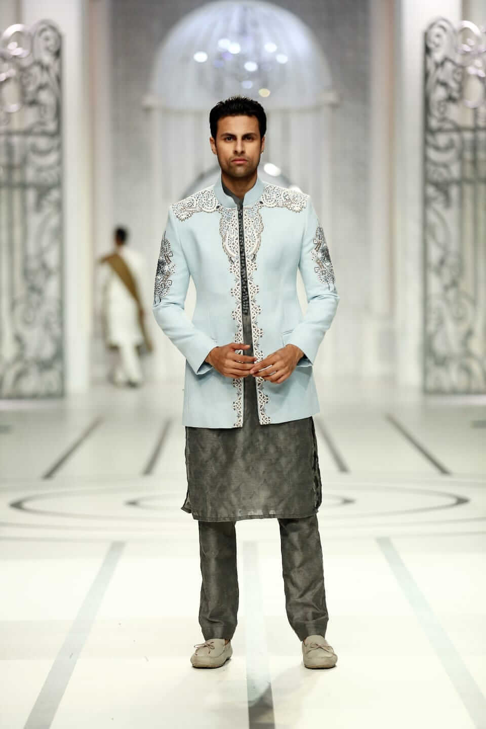 Ice Blue Embroidered Linen Prince Jacket (3-Piece) - Image 1