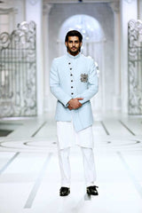 Ice Blue Zardozi Linen Prince Jacket (3-Piece) - Image 2