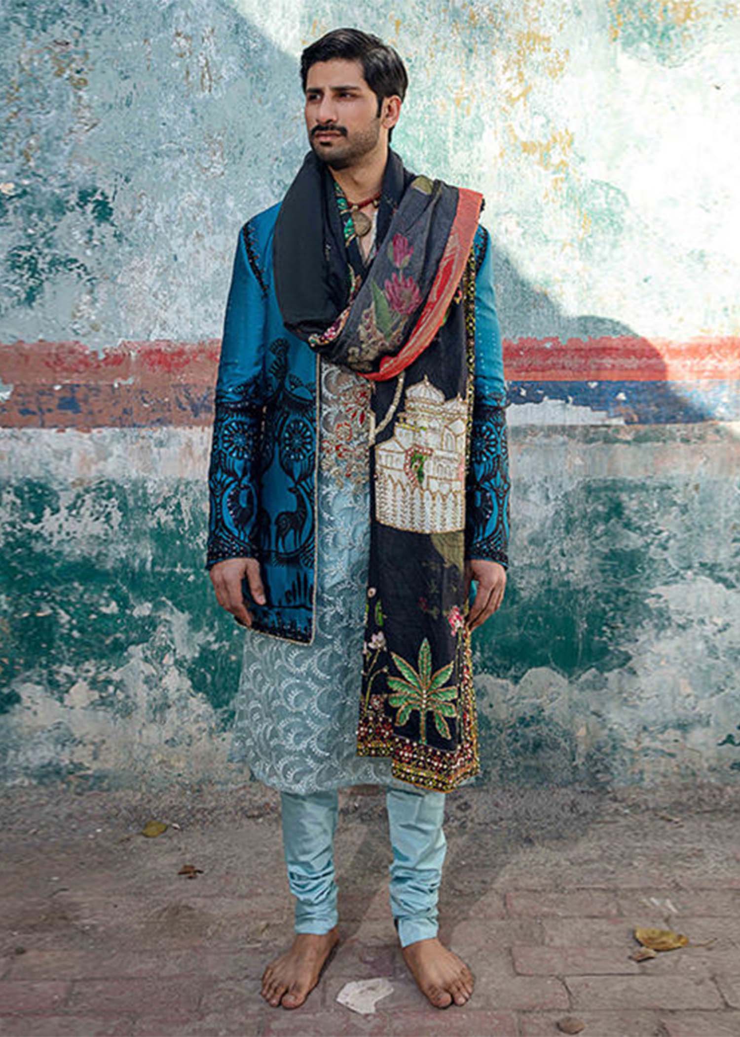 Aqua Embroidered Organza Prince Coat Set (3-Piece) - Image 1