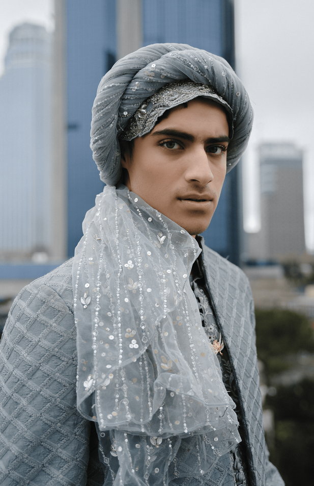 Ice Blue Embroidered Organza Kurta with Prince Coat (3-Piece) - Image 1