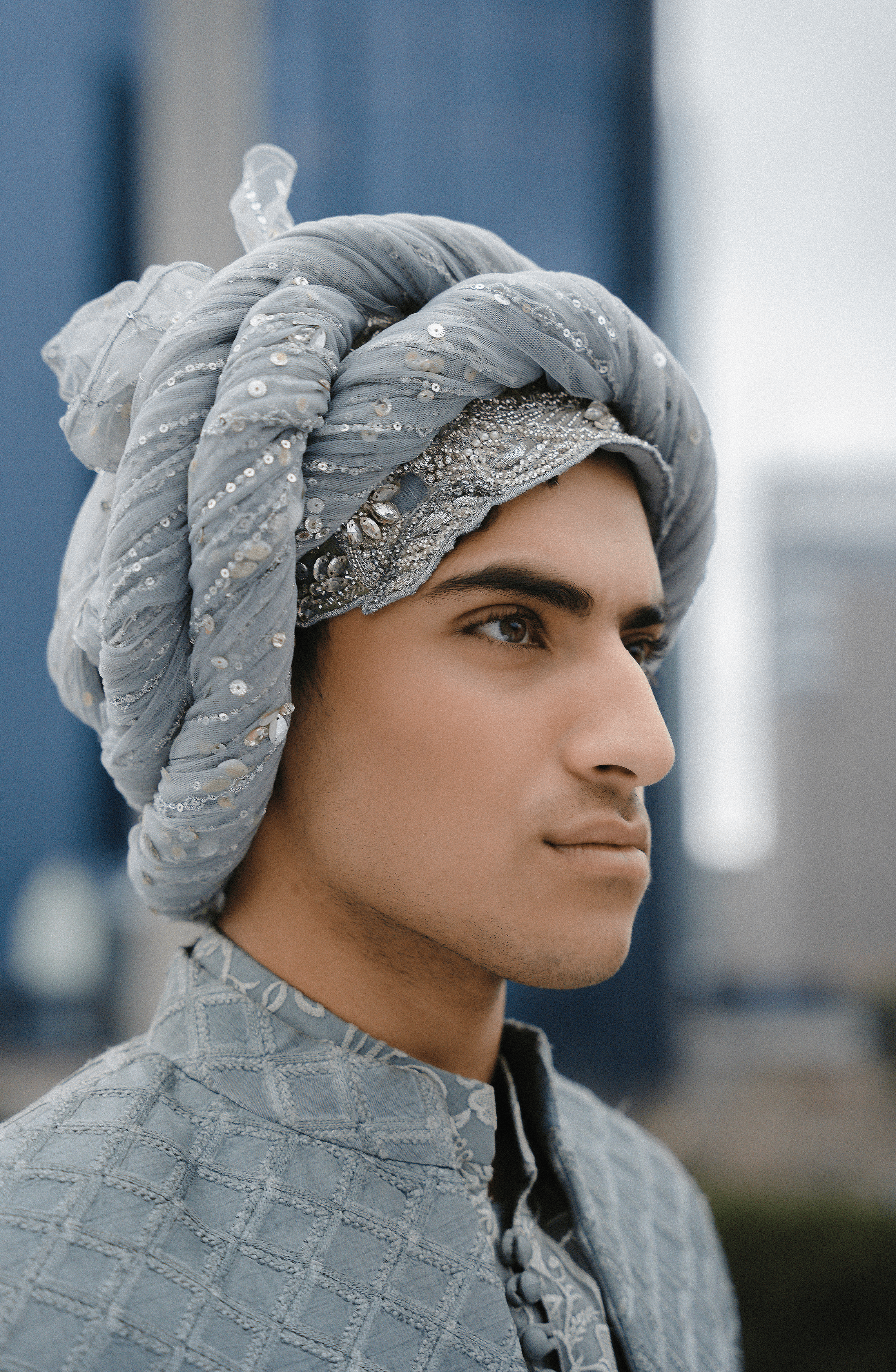 Ice Blue Embroidered Organza Kurta with Prince Coat (3-Piece) - Image 4