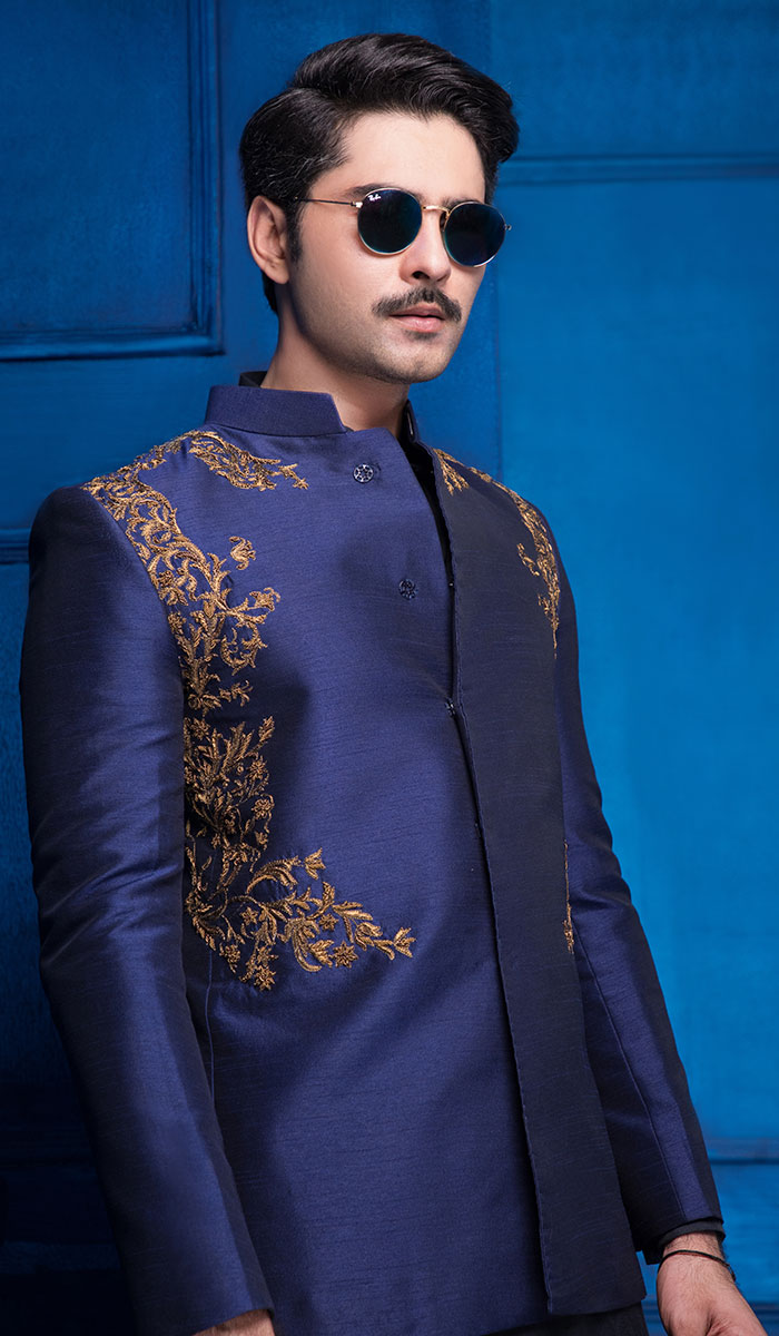 Denim Blue Embroidered Raw Silk Prince Coat (3-Piece) - Image 1