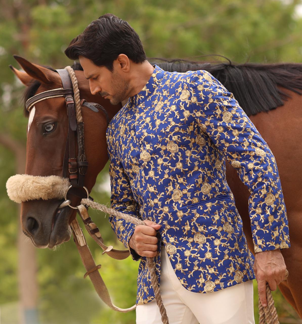 Royal Blue Copper Zari Raw Silk Prince Coat (1-Pc) - Image 1