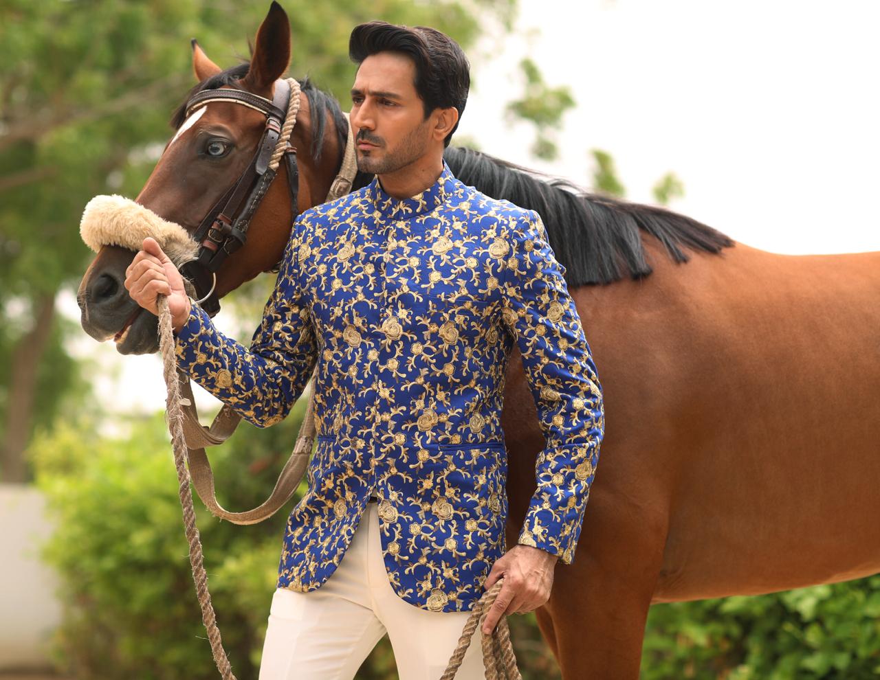 Royal Blue Copper Zari Raw Silk Prince Coat (1-Pc) - Image 3