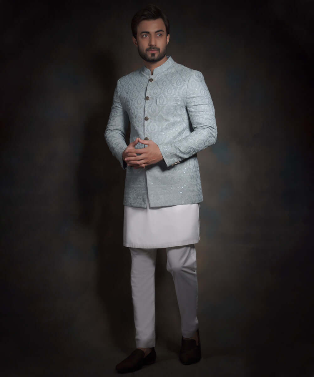 Ice Blue Embroidered Raw Silk Prince Jacket (3-Piece) - Image 1