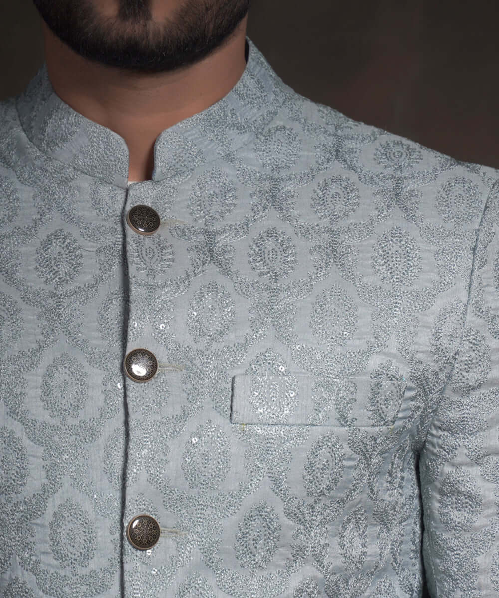 Ice Blue Embroidered Raw Silk Prince Jacket (3-Piece) - Image 2