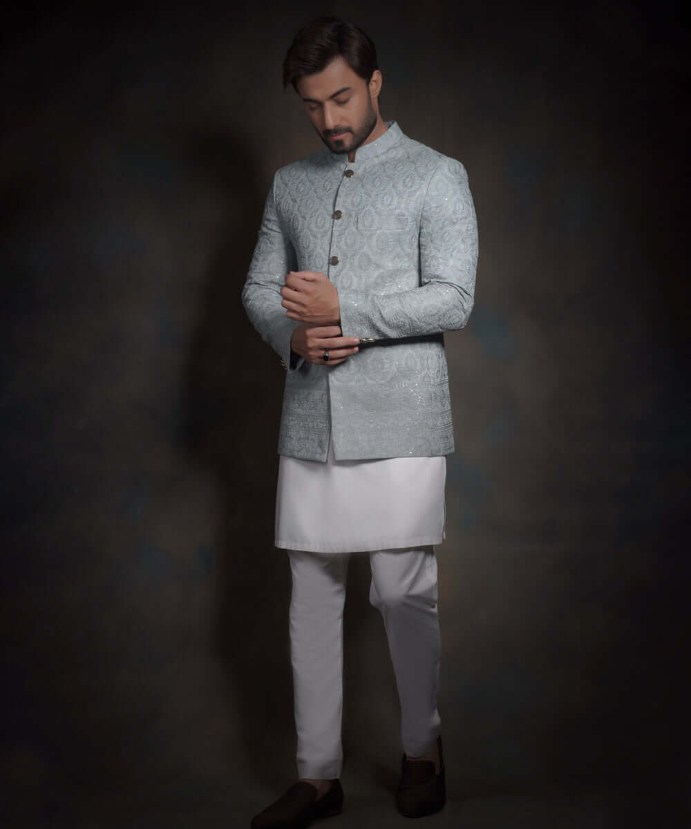 Ice Blue Embroidered Raw Silk Prince Jacket (3-Piece) - Image 3