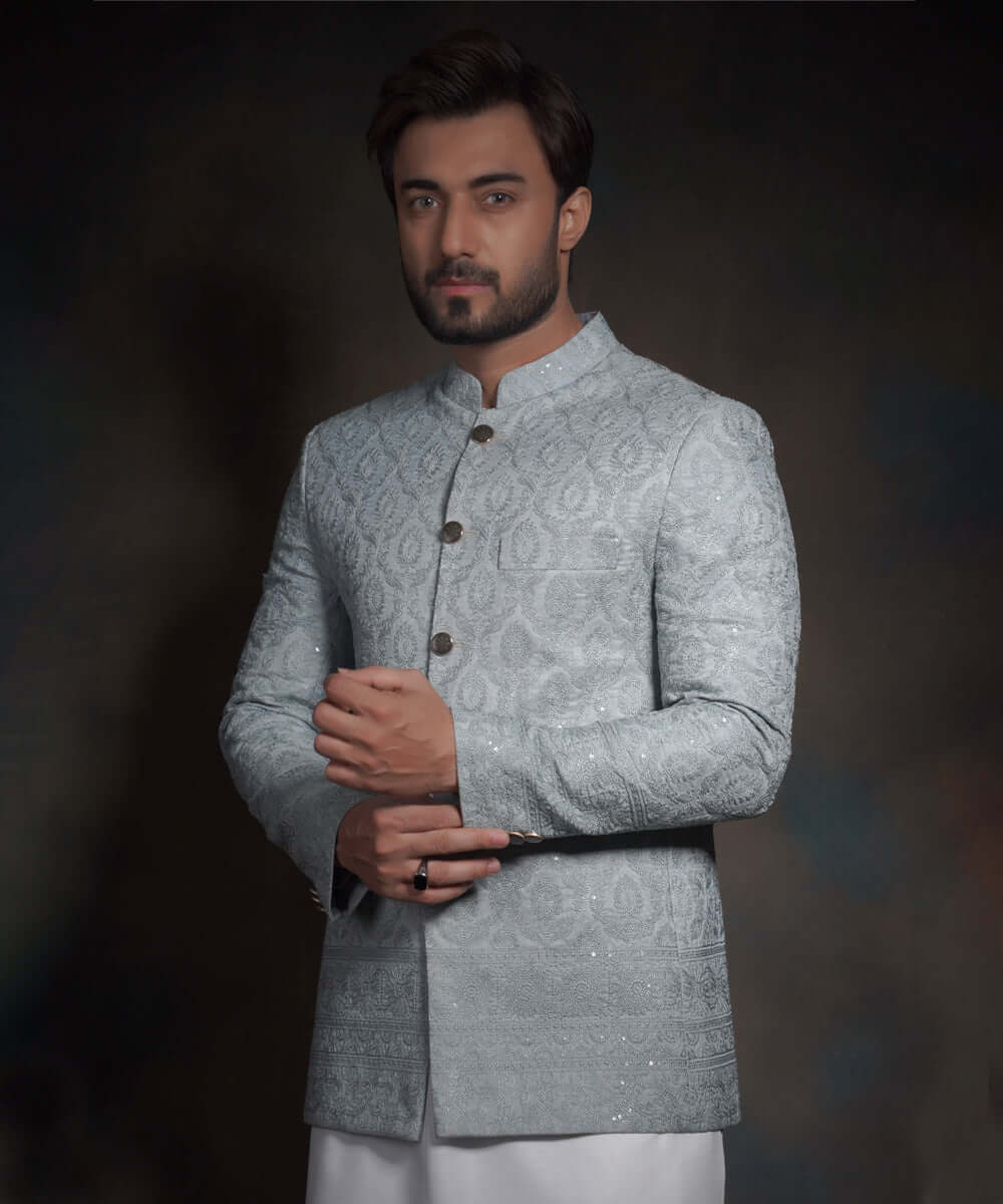 Ice Blue Embroidered Raw Silk Prince Jacket (3-Piece) - Image 4