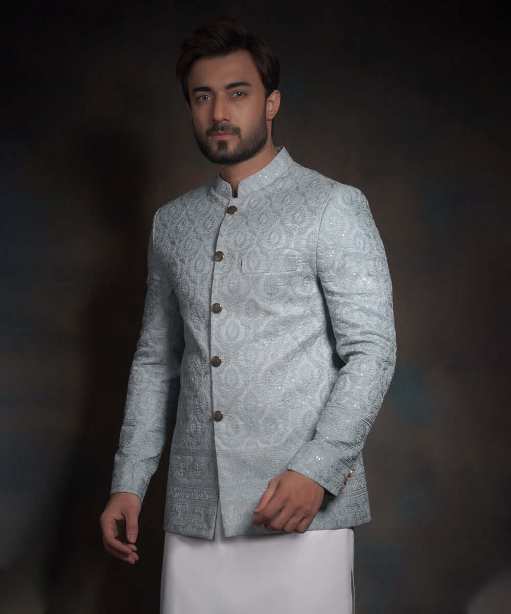 Ice Blue Embroidered Raw Silk Prince Jacket (3-Piece) - Image 5