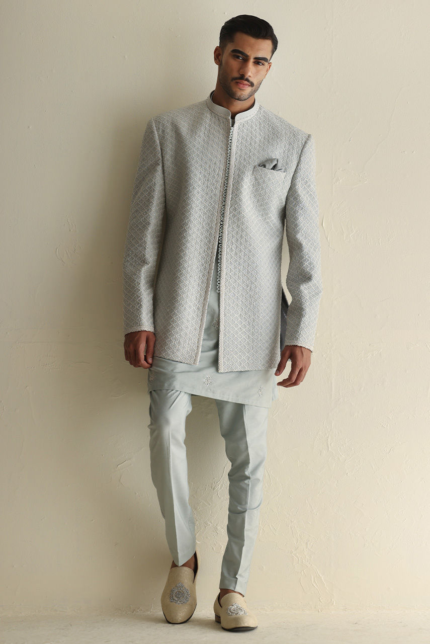 Ice Blue Embroidered Raw Silk Prince Coat (4-Piece) - Image 1