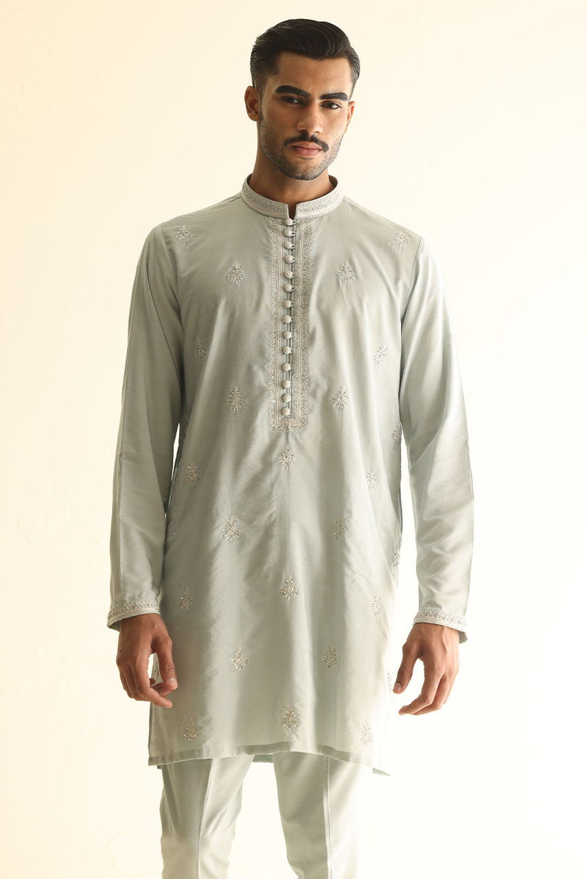 Ice Blue Embroidered Raw Silk Prince Coat (4-Piece) - Image 2