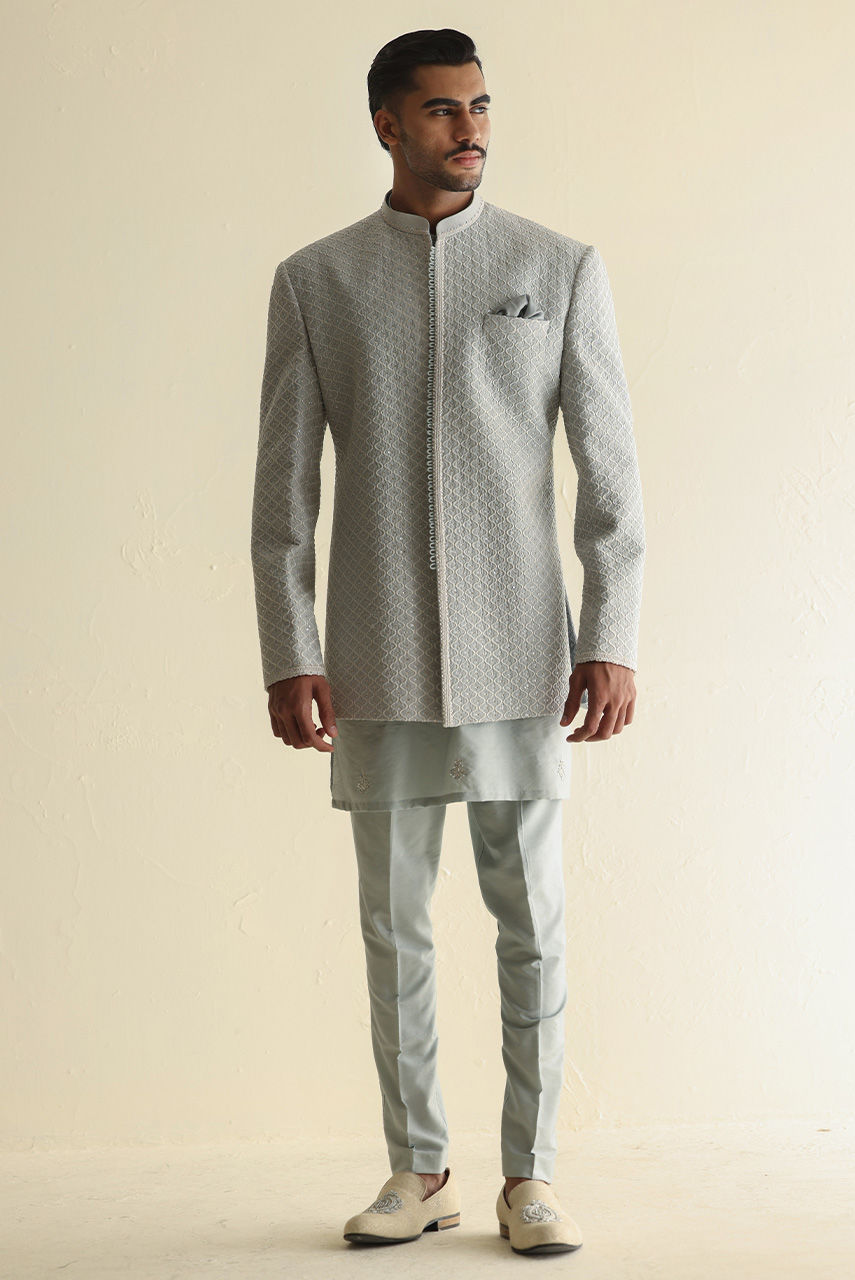 Ice Blue Embroidered Raw Silk Prince Coat (4-Piece) - Image 3