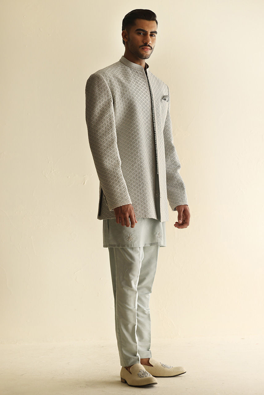 Ice Blue Embroidered Raw Silk Prince Coat (4-Piece) - Image 4