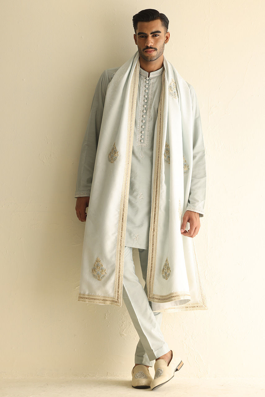 Ice Blue Embroidered Raw Silk Prince Coat (4-Piece) - Image 6