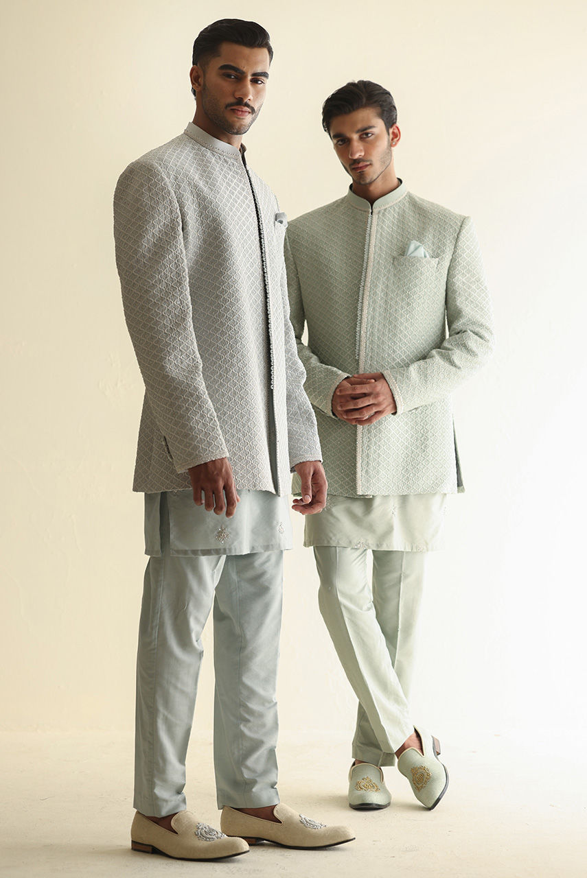 Ice Blue Embroidered Raw Silk Prince Coat (4-Piece) - Image 7