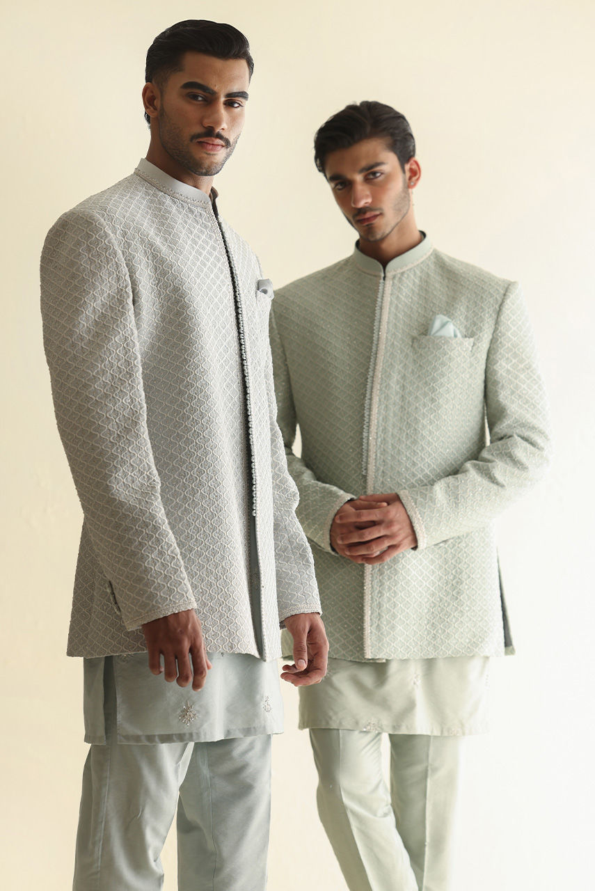 Ice Blue Embroidered Raw Silk Prince Coat (4-Piece) - Image 8