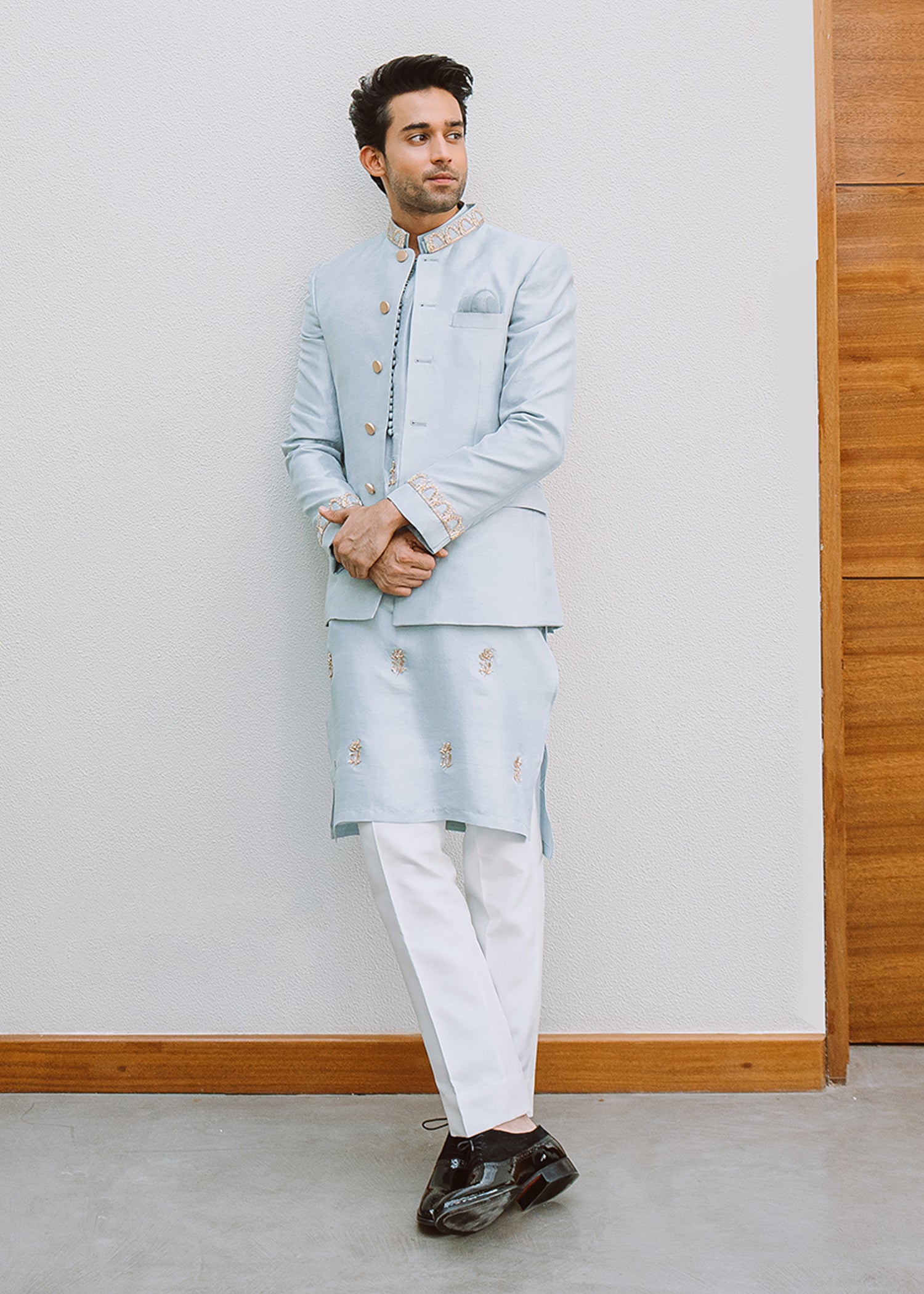 Ice Blue Hand-Embroidered Korean Rawsilk Prince Coat (3-Piece) - Image 1