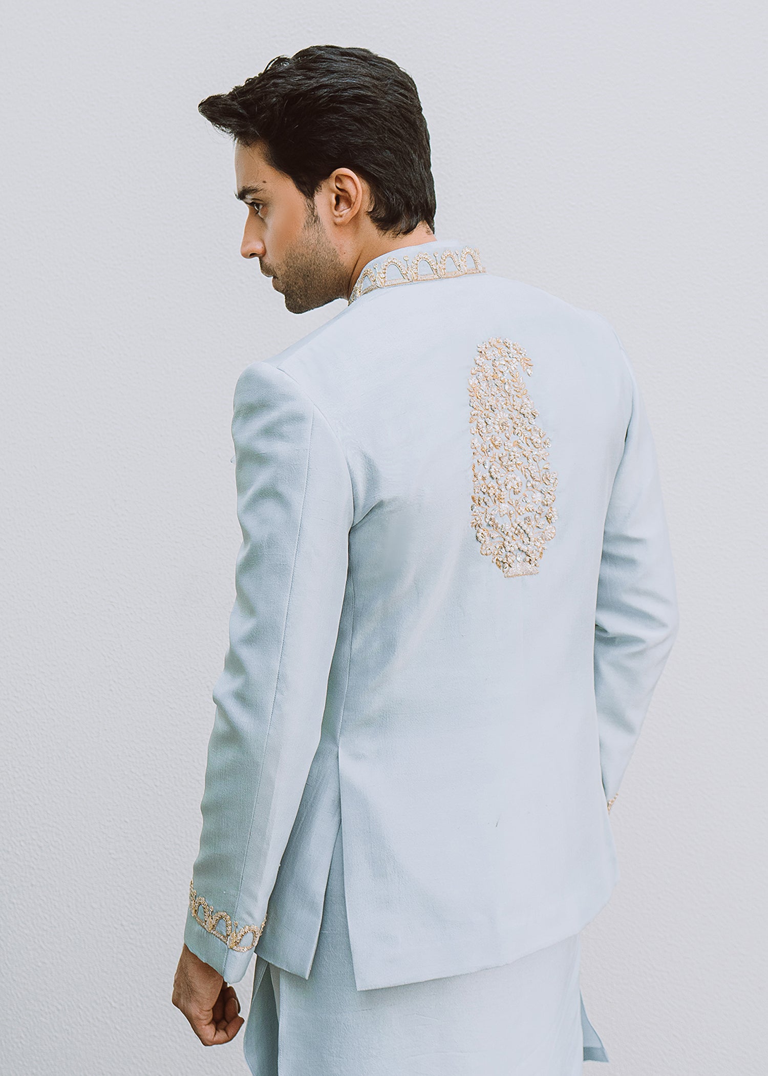 Ice Blue Hand-Embroidered Korean Rawsilk Prince Coat (3-Piece) - Image 2