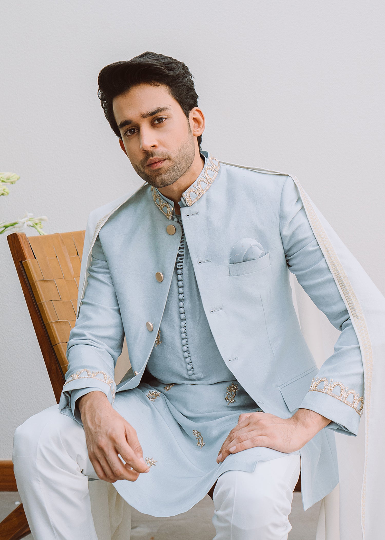 Ice Blue Hand-Embroidered Korean Rawsilk Prince Coat (3-Piece) - Image 3