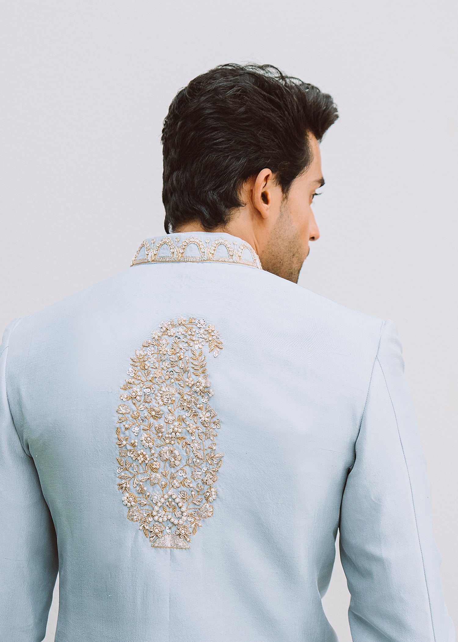 Ice Blue Hand-Embroidered Korean Rawsilk Prince Coat (3-Piece) - Image 4