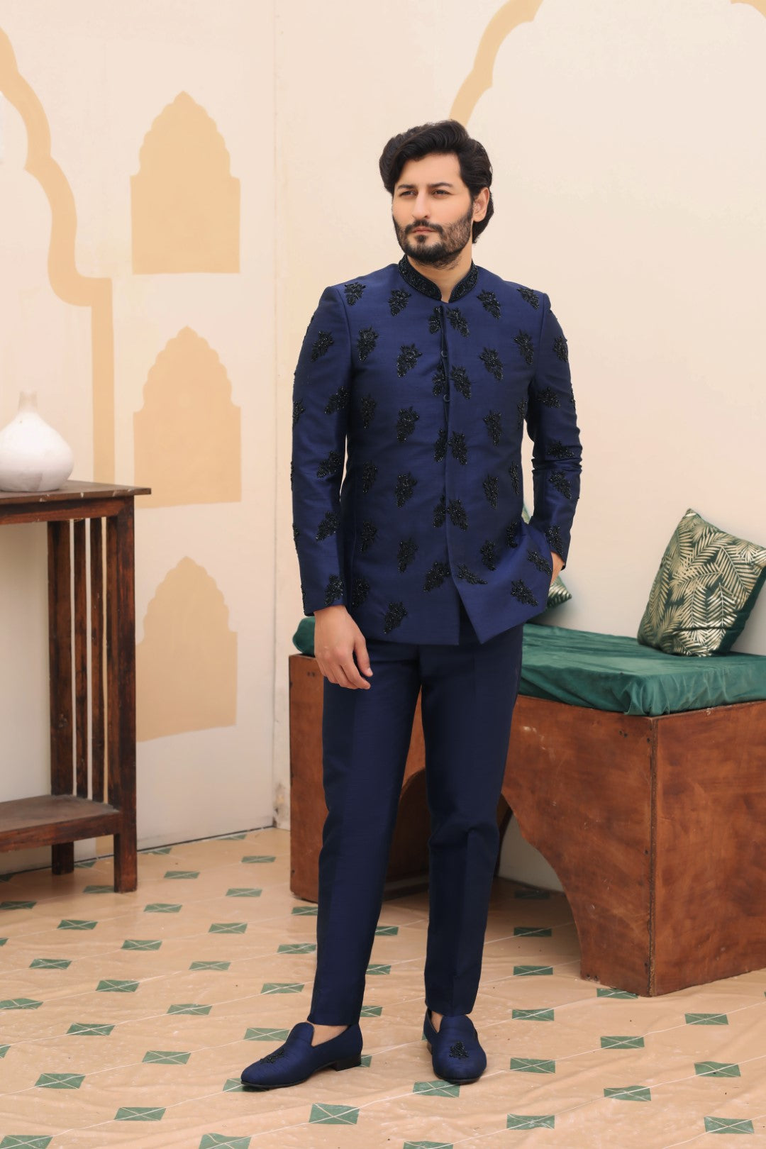 Navy Blue Silk Prince Coat with Black Ada Work (2-Piece) - Image 1