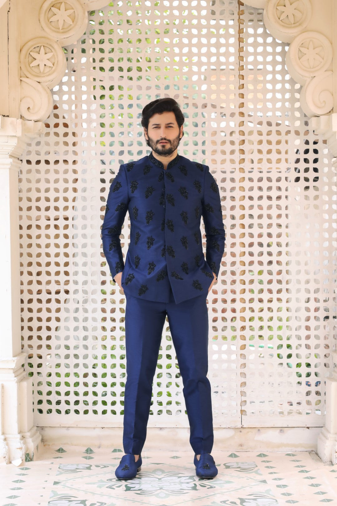 Navy Blue Silk Prince Coat with Black Ada Work (2-Piece) - Image 2