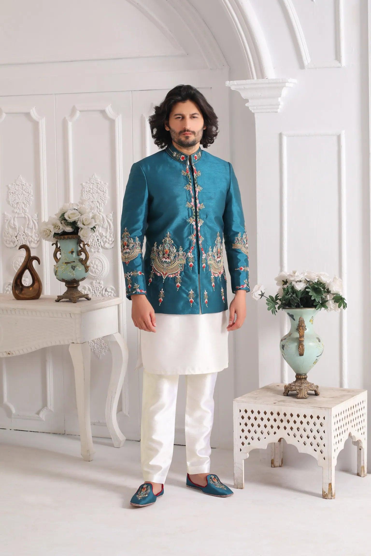 Zinc Blue Adda Work Silk Prince Coat (3-Piece) - Image 1