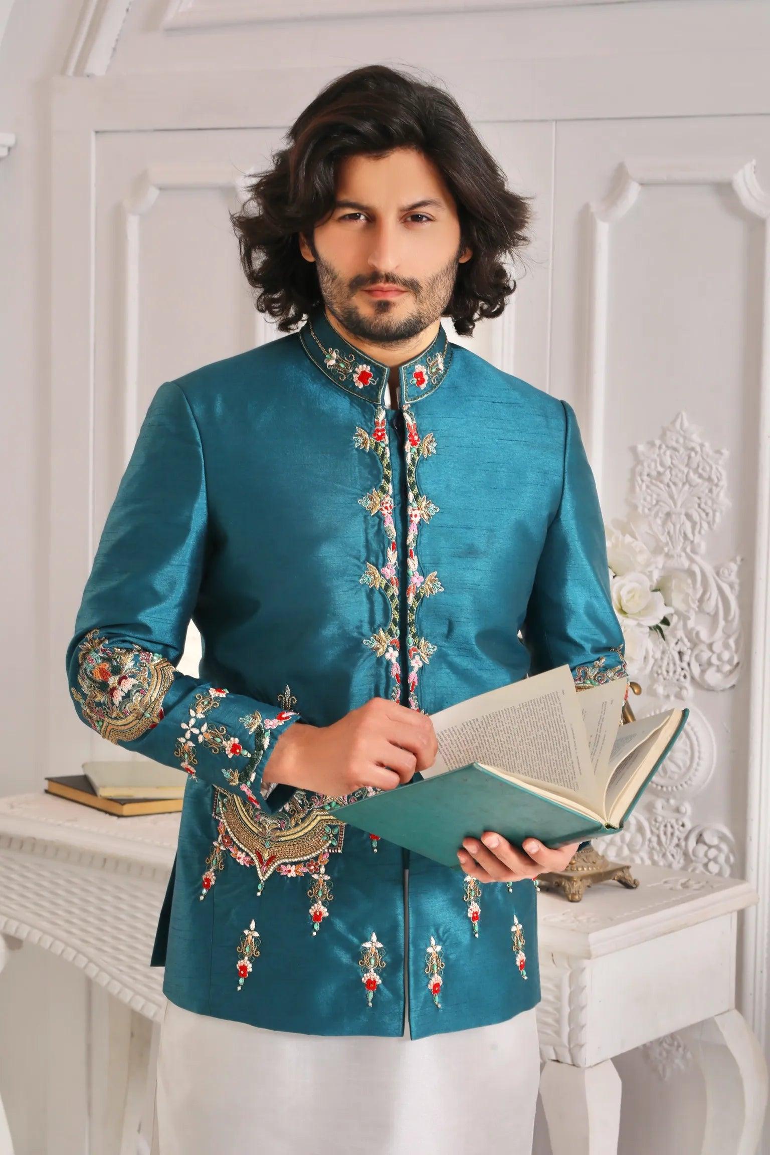 Zinc Blue Adda Work Silk Prince Coat (3-Piece) - Image 2