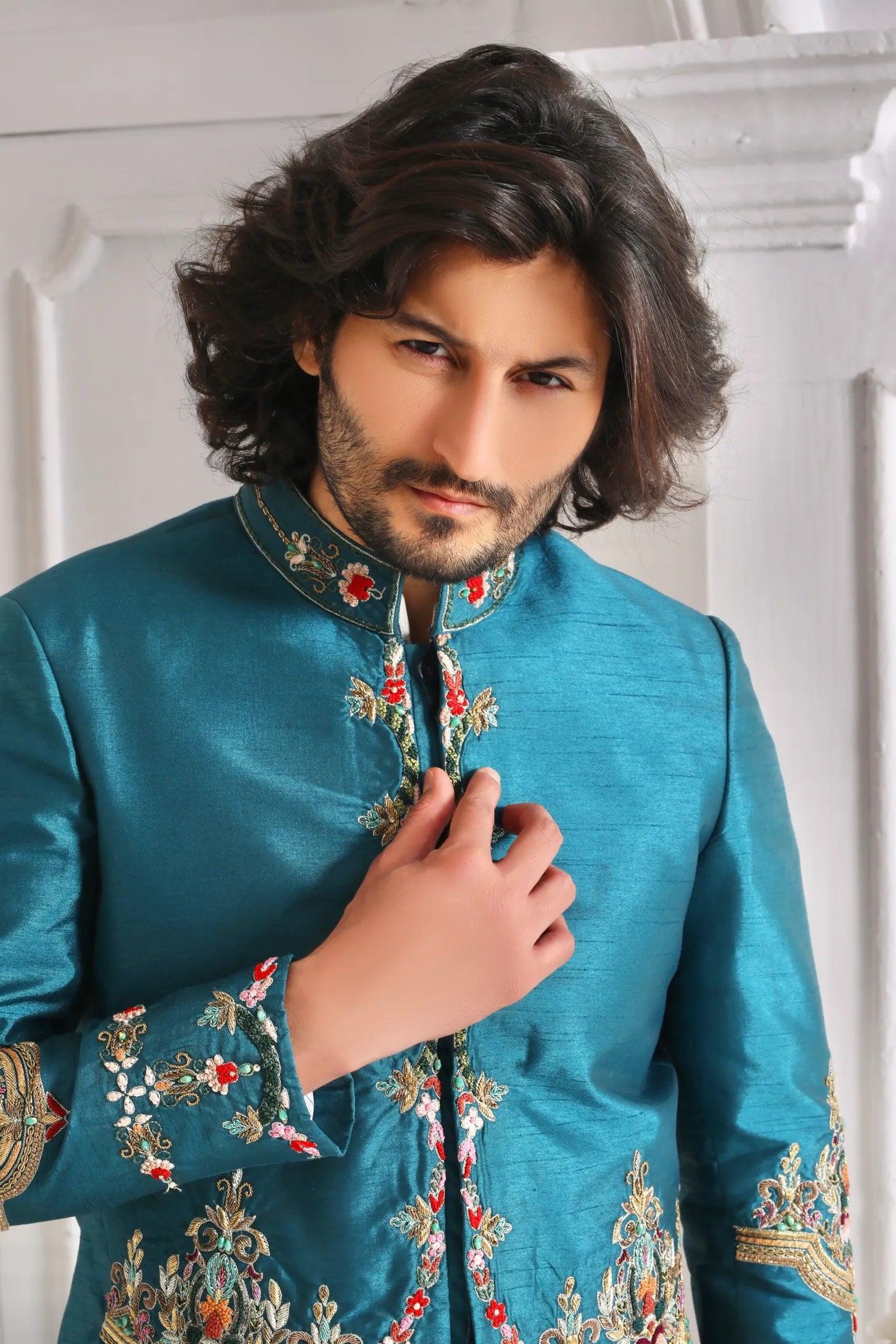 Zinc Blue Adda Work Silk Prince Coat (3-Piece) - Image 3